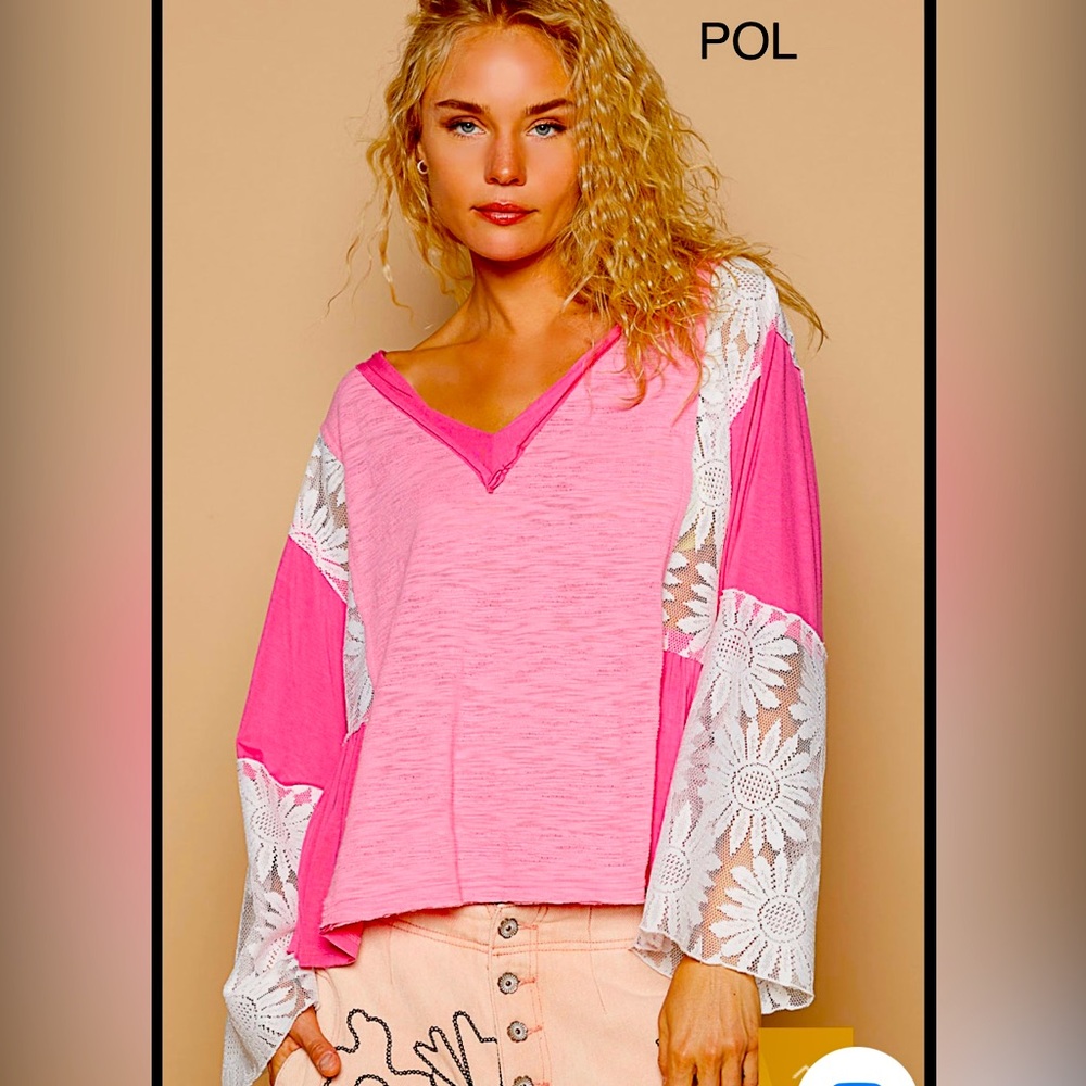 195. NWT POL Patchwork Hot Pink/Light Pink Blouse with White Lace Accents